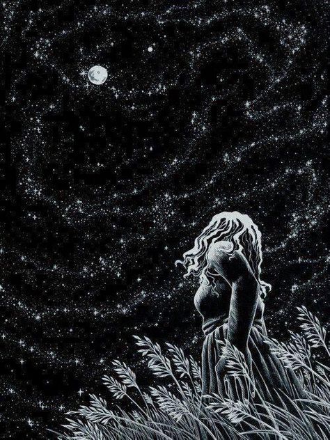 Girl standing in a field looking up at the Moon art Wow Art, Art Et Illustration, 판타지 아트, Black Paper, Moon Art, The Night Sky, Pics Art, Moon Child, Moon Stars