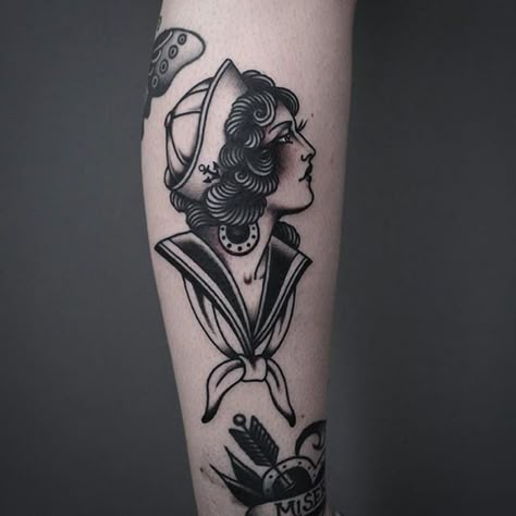 21inkedd | Sailor Girl Tattoo by Tony Nilsson #SailorGirl #traditional #classictattoos #TonyNilsson | Tattoodo Traditional Sailor Tattoos, Pin Up Girl Tattoo, Sailor Tattoos, Japanese Legs, Nurse Tattoo, Sailor Tattoo, Buddha Tattoos, Old School Tattoos, Old School Tattoo Designs