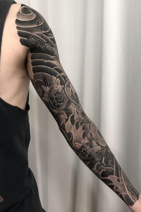 #japanese #japanesetattoo #irezumi #tattooart #Korea #Seoul #black #blackwork #blackworktattoo | By yj_tattooer | Done at Mama Ink Studio | Feb 26th 2019 | 886809 Traditional Japanese Tattoo Sleeve, Japanese Hand Tattoos, Tato Maori, Black Sleeve Tattoo, Koi Tattoo Sleeve, Japanese Tattoos For Men, Full Hand Tattoo, White Tattoos, Full Arm Tattoos