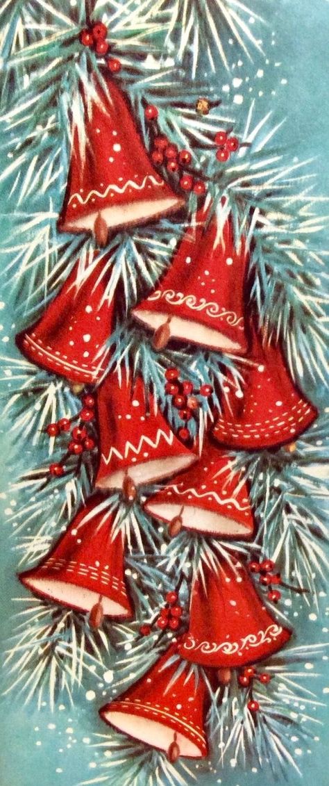 #retrochristmas Vintage Christmas Card. Christmas Bells. Christmas Imagery, Vintage Christmas Bells, Office Doors, Jingle Jangle, Vintage Decorations, Vintage Holiday Cards, Christmas Scrapbooking, Christmas Postcards, Christmas Illustrations