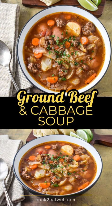 In this Ground Beef and Cabbage Soup, simple ingredients combine to create a hearty and wholesome meal. This soup is packed with vegetables and satisfying ground beef, all simmered in a rich, savory broth. Plus, it comes together quickly with easy-to-find, affordable ingredients, making it perfect for weeknight dinners. Cabbage Soup Diet With Ground Beef, Soup With Cabbage And Ground Beef, Hamburg And Cabbage Soup, Cabbage Soup With Beef Broth, Soups Using Beef Broth, Cabbage Soup With Ground Beef Crock Pot, Hearty Cabbage Soup, Cabbage Ground Beef Soup, Ground Beef Cabbage Soup Recipes