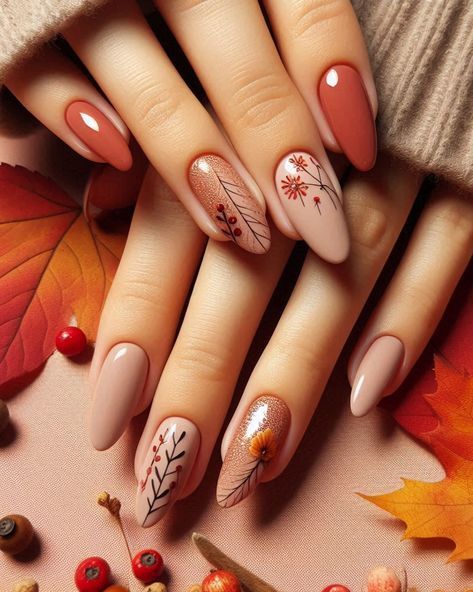 Autumn Nails Leaves, Fall Nails Leaves, Fall Nail Art Ideas, Simple Nail Art, Latest Nail Designs, November Nails, Fall Nail Trends, Fall Nail Art Designs, Thanksgiving Nails