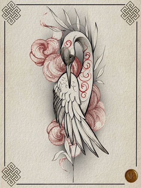 Small Creature Tattoo, Asian Animal Tattoo, Red Crane Tattoo, Secretary Bird Tattoo, Jian Bird, Heron Tattoo Traditional, Crane Bird Drawing, Bird Neck Tattoo, Japanese Bird Art