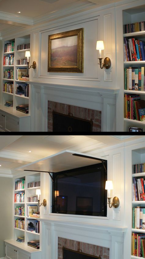 Covered Tv Over Fireplace, Tv Cabinet Over Fireplace Hide Tv, Hidden Tv Over Mantle, Covering A Tv On The Wall, Lighting Over Fireplace Mantles, Tv Artwork Cover, Tv Insert Over Fireplace, Fireplace Tv Cover, Tv In Bookcase Beside Fireplace