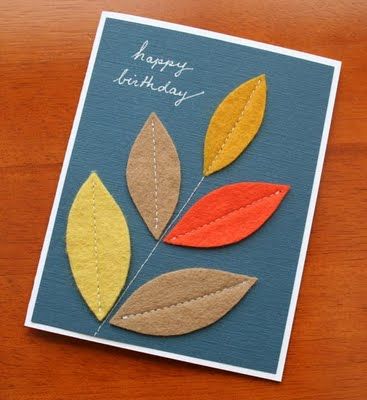 I love the look of sewing fabric onto a card! Definitely gonna try this! Cards With Fabric Flowers, Homemade Greeting Cards, Sewing Cards, Fabric Postcards, Leaf Cards, Fabric Cards, Felt Leaves, Handmade Greetings, Fall Cards