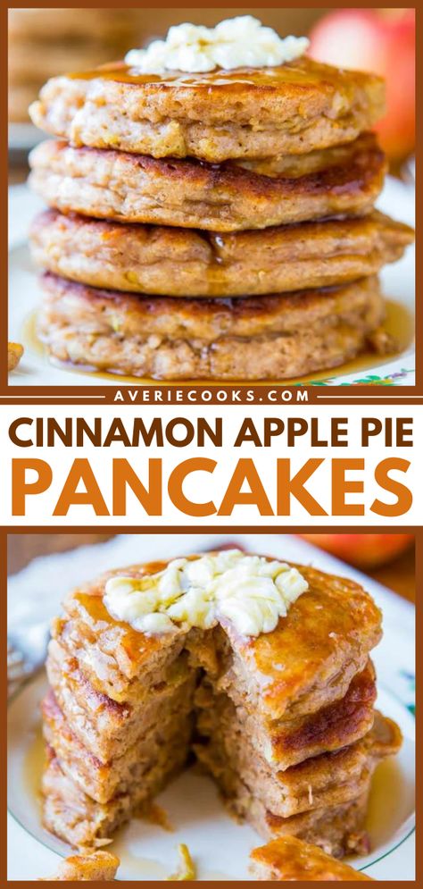 Cinnamon Apple Pancakes (with Vanilla Maple Syrup!) - Averie Cooks Apple Pie Pancakes, Apple Pancake Recipe, Cinnamon Apple Pie, Best Pancake Recipe, Averie Cooks, Apple Pancakes, Breakfast Sweets, Tasty Pancakes, Fall Breakfast