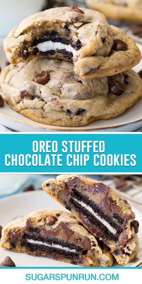 Cookie Stuffed Oreo, Different Kinds Of Chocolate Chip Cookies, Chocolate Chip Cookie With Oreo Inside, Oreo Chocolate Chip Cookies Brownie, Big Oreo Cookie, Oreo Chip Cookies, Cookie With Oreo Inside, Baking Recipes With Oreos, How To Stuff Cookies