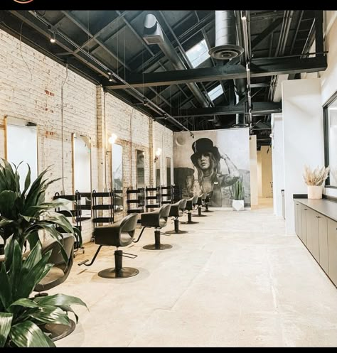 Country Chic Hair Salon, Salon Brick Wall, Black Ceiling Hair Salon, Brick Wall Hair Salon, Industrial Design Salon, Metal Building Hair Salon, Brick Salon Design, Industrial Glam Salon, Black And Brown Salon Decor