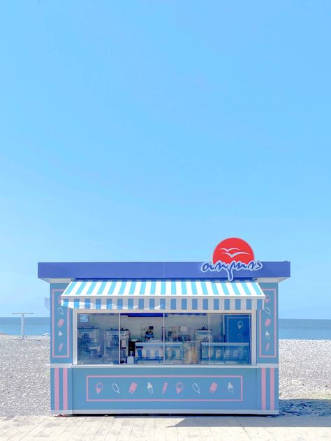 Soft Ice Cream Shop Design, Ice Cream Pop Up, Ice Cream Shop Exterior, Beach Ice Cream Shop, Ice Cream Shop Aesthetic, Cute Ice Cream Shop, Ice Cream Shop Design, Ice Cream Kiosk, Accidentally Wes Anderson