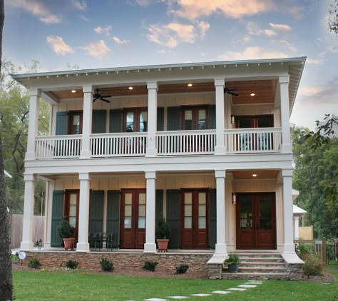 Hardie Board And Batten Siding, Southern Traditional Home, Stone Skirt, New Orleans Style Homes, Two Story Cottage, Stacked Porches, Garden Huts, Hardie Board, Fairhope Alabama