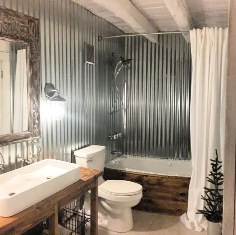 Galvanized Tin Walls Bathroom, Tin Wall Bathroom, Tin Shower Walls Rustic Bathrooms, Galvanized Shower Walls, Tin Bathroom Ideas, Tin Shower Walls, Bathroom Tub Remodel, Rustic Bathroom Shower, Rustic Bathroom Remodel