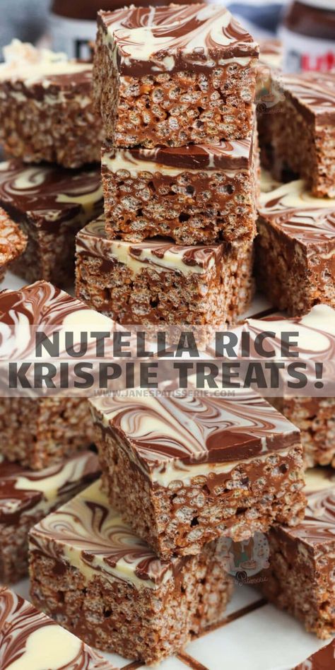 Nutella Rice Krispie Treats! - Jane's Patisserie Nutella Rice Krispie Treats, Krispy Treats Recipe, Janes Patisserie, Krispie Treats Recipe, Tray Bake Recipes, Cereal Treats, Krispy Treats, Rice Krispy, Nutella Recipes