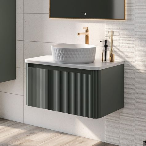 Wall Hung Ribbed Vanity Unit in Green | Fluted Furniture | Easy Bathrooms Small Vanity Design, Bathroom Wash Basin Design, Dining Hall Wash Basin Design, Ribbed Vanity, Vanity Washroom, Small Bathroom Sink Cabinet, Fluted Furniture, Basin Ideas, Washroom Vanity