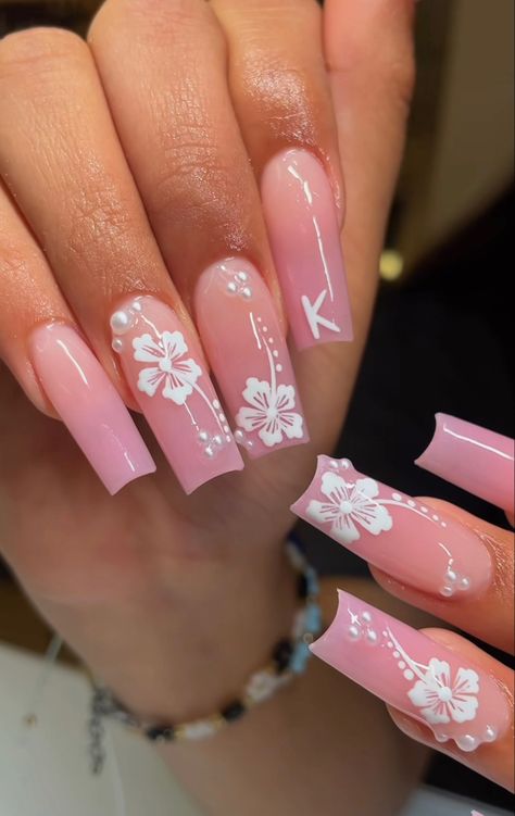 Summer Themed Acrylic Nails, Habisquis Nails, Nail Ideas Acrylic Summer 2024, Flower Nail Ideas, Holiday Nails Summer, Holiday Nail Inspo, Harry Potter Nail Art, Nail Pink, Holiday Acrylic Nails