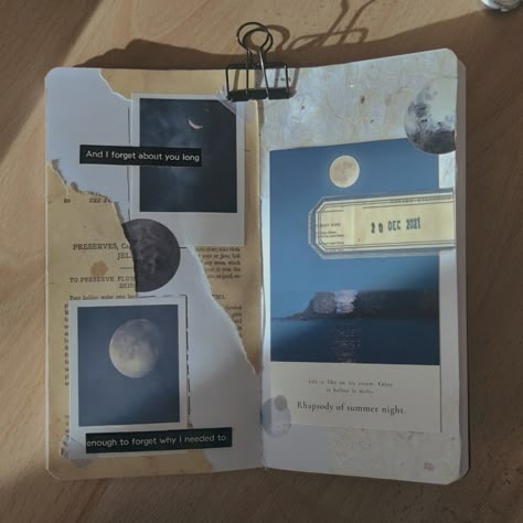 Sky Journal Aesthetic, Scrapbook Moon Theme, Sky Journal Ideas, Moon Journal Aesthetic, Moon Aesthetic Journal, Polaroid Journal Scrapbook, Blue Scrapbook Ideas Aesthetic, Blue Junk Journal Ideas, Moon Junk Journal