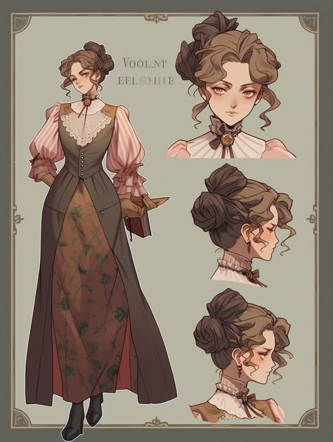 Victorian Commoner Dress, Female Victorian Clothing, 1800 Dress Drawing, 1800s Dresses Drawing, Ww2 Fashion Women, Victorian Hairstyles Drawing, 1800 Character Design, Victorian Fashion Illustration, Living Doll Character Design