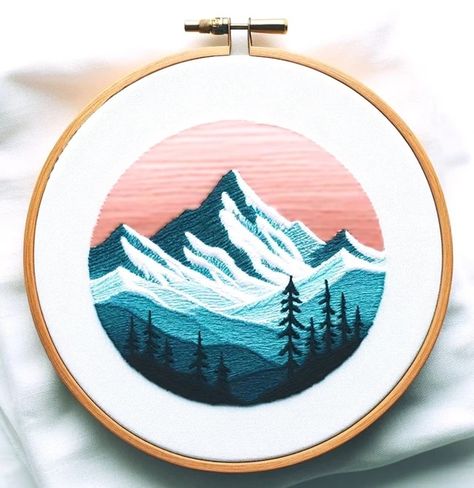 EmbroideryAndMind - Etsy Glacier National Park Embroidery, Small Mountain Embroidery, Mountain Scene Embroidery, Mountain Range Embroidery, Mountain Embroidery Designs, Mountain Embroidery Pattern, Embroidered Mountains, Snow Pine Trees, Mountain Embroidery