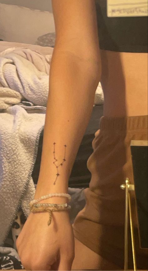 dainty, tattoo, ideas, inspo, small, constellation, hippie, stars, zodiac, aesthetic Constellation Arm Tattoo, Taurus Arm Tattoo, Taurus Tattoo Aesthetic, Pretty Taurus Tattoo, Taurus Wrist Tattoo, Constellation Taurus Tattoo, Taurus Finger Tattoo, Wrist Constellation Tattoo, Cool Taurus Tattoos