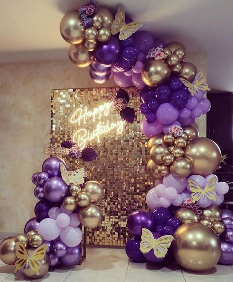 Purple Balloon Garland, Lavender Balloons, Purple Happy Birthday, Gold Birthday Party Decorations, Purple Balloon, Birthday Decorations At Home, Lavender Decor, Garland Backdrops, Purple Balloons