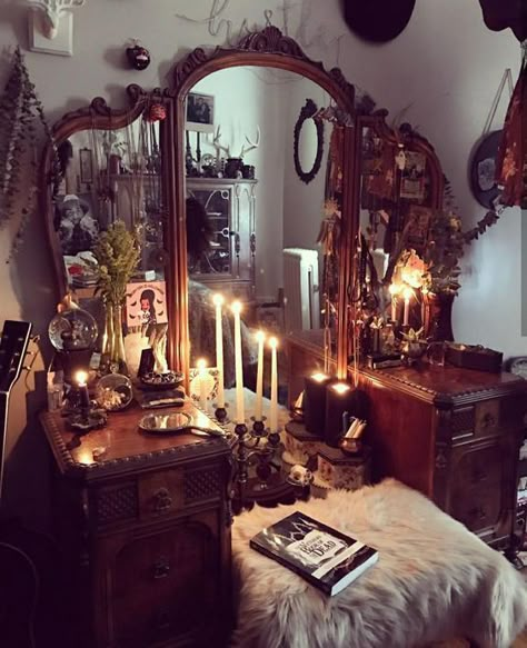 How to decorate your beauty den Whimsigoth Bedroom Furniture, Witch Aesthetic Vanity, Whismgothic Room Aesthetic, Victorian House Halloween Decor, Cottagecore Goth Room, Witchy Vanity Ideas, Kitchy Halloween Decor, Glam Academia Aesthetic, Whimsy Gothic Decor