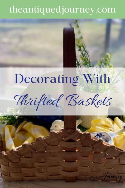 a basket decorated with Spring decor in blues and yellows Picnic Basket Display Ideas, What To Fill Baskets With For Decor, Things To Put In A Basket For Decor, Baskets For Decorating, Things To Put In Baskets For Decor, Shallow Basket Decor, Oval Basket Decor Ideas, How To Display Baskets, How To Style Baskets