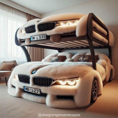 BMW-Shaped Bunk Bed with Feathers: Ultimate Comfort for Car Enthusiasts Bed Unique Design, Children Bed Design, Car Beds For Adults, Cars Room Decor, Fun Kids Room Ideas, Cars Bed, Amazing Beds, Weird Beds, Corner Tv Wall Mount