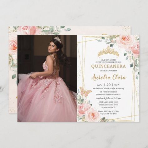 $1.98 | Quinceañera Blush Pink Floral Butterflies Photo - quinceañera 15th birthday invitation, princess tiara crown, elegant girly quinceanera invite, pretty blooms roses flowers, mexican spanish latina, chic whimsical timeless, mis quince 15 anos template, soft blush pink floral, gold glitter butterflies geometric frame, photo picture photograph invite cards Quinceanera Invitations Blush Pink, Quince Invitations With Photo, Pink Debut Invitation, Pink Quince Invitations, Quinceanera Invitations Ideas, Quince Invites, Dream Quinceanera, Quince Planning, Birthday Invitation Princess