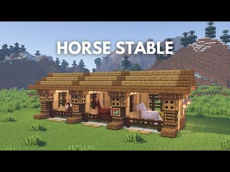 Minecraft Stables Horses, Mc Stable Ideas, Minecraft Builds Horse Stable, Minecraft Stable Build, Mincraft Idea Horse Stable, Minecraft Farm On Hill, Stables In Minecraft, Horse House Minecraft Ideas, Horse Farm Minecraft