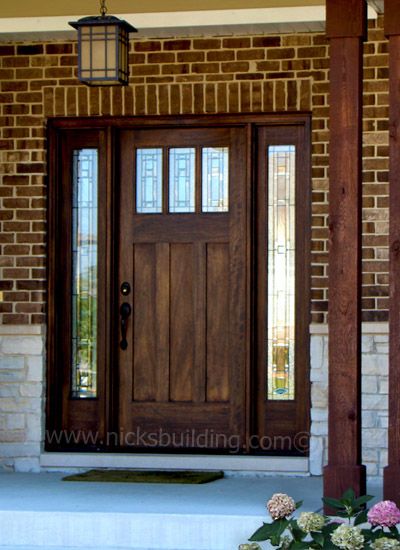 Shaker Style door; We hope to have something similar for the front door, but I'll be crafting stained glass panels for the sides. Craftsman Front Doors, Craftsman Door, Front Door Ideas, Wood Front Doors, Red Brick House, Craftsman Style Homes, House Front Door, Front Entry Doors, Front Door Colors