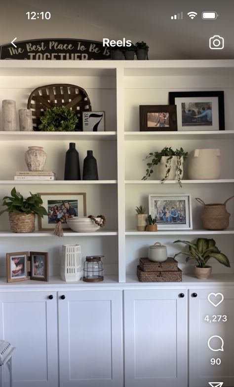 Built In Bookshelf Decor, Farmhouse Book Shelves For Den, White Bookshelf With Wood Shelves, Built In Bookshelves Decor, White Bookcase With Brown Shelves, Potterybarn Book Shelves, Hamptons Bookshelf, Built In Bookshelf, Shelf Decoration