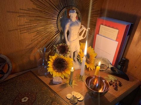 Apollo Deity Witchcraft, Apollo Altar Setup, Apollon Altar, Greek God Altar, Hellenic Polytheism Altar, Apollo Witchcraft, Hellenic Altar, Apollo Shrine, Apollo Altar Ideas