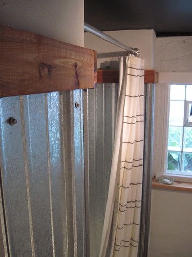 Tin Shower Walls, Corrugated Metal Shower, Galvanized Shower, Galvanized Bathroom, Tin Shower, Corrugated Tin, Shower Toilet, Rustic Bathroom Designs, House Redo