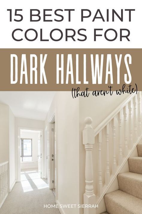 Need ideas for dark hallway paint colors and don't want to use white. This list of interior paint color ideas will brighten any space. Add these to your home color scheme. Paint Color Hallway, Colour Ideas For Hallways, Hallway Wall And Door Colors, One Colour Hallway, Best Paint Color For Dark Hallway, Painting A Hallway, Paint Color For Dark Hallway, Best Paint Colors For Dark Hallways, Long Hallway Paint Colors