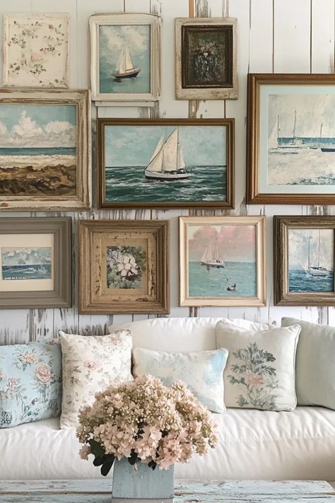 This pin showcases creative vintage coastal gallery wall ideas featuring beach-themed artwork and frames perfect for a home makeover. It utilizes 1 image that inspires a beachy and relaxing decor style. Gallery Wall Lake House, Coastal Kitchen Wall Decor Ideas, Vintage Beach House Interior, Vintage Beach Artwork, Framed Art Collage Wall Ideas, Beachy Grandma Aesthetic, Vintage Coastal Home, East Coast Decor, Coastal Eclectic Decor