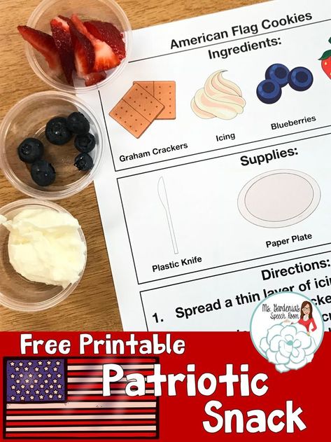 Download a free visual recipe to use in therapy today! Patriotic flag snack. Simple, few ingredients. Leveled cognitive ability. Speech Therapy Activity from Ms. Gardenia's Speech Room. MsGardenia.com #speechtherapy #recipe #snack Snf Activities, Preschool Recipes, American Flag Cookies, Patriotic Snacks, Cooking Activities, Feeding Therapy, Play Therapy Techniques, Therapy Activity, Speech And Language Activities