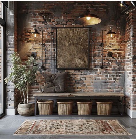 Pottery Barn Industrial, Dining Room With Brick Wall, Industrial Dining Room Design, Brick Wall Dining Room Ideas, Industrial Dining Room Ideas, Brick Wall In Dining Room, Brick Dining Room Wall, Dining Room Brick Wall, Indoor Brick Wall Ideas