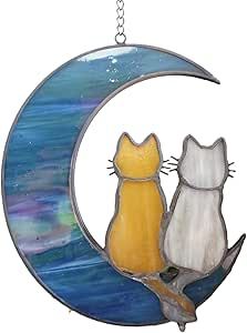 Cat Stained Glass Suncatchers Window Hanging - Cat On Moon Real Glass Cat and Moon Gift - Wall Art Modern Design Home Decor Or Garden Moon Real, Cat On Moon, Cat Stain, Glass Suncatchers, Glass Cat, Cat Window, Stained Glass Decor, Stained Glass Window Hanging, Stained Glass Suncatchers