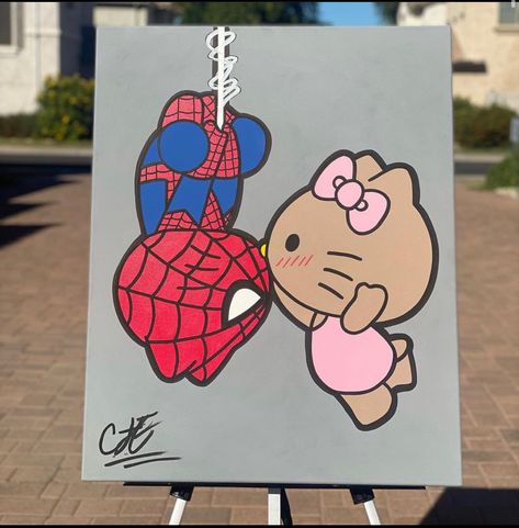 Cute Doodles On Canvas, Cute Art To Do With Boyfriend, Hello Kitty Spiderman Painting, Spider Man And Hello Kitty Painting, Hello Kitty Couple Painting, Spiderman Couple Painting, Easy Paintings For Boyfriend Cute Ideas, Love Cartoon Painting, Hello Kitty Easy Painting