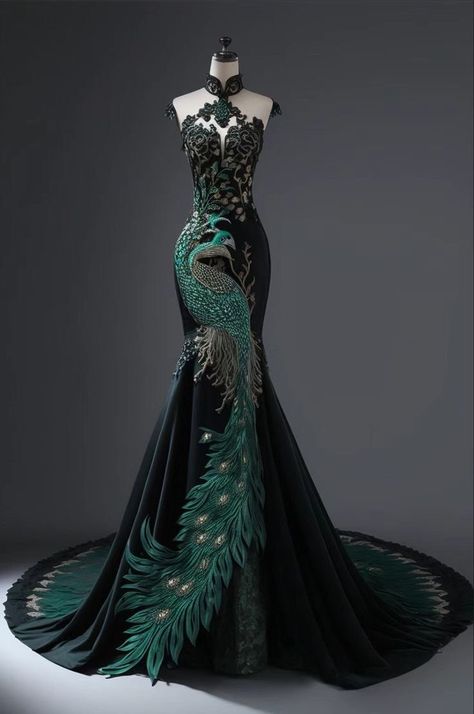 Peacock Ball Gown, Black And Green Wedding Dresses, Peacock Inspired Outfit, Green And Black Gown, Simple Princess Dress, Fairytale Dress Aesthetic, Peacock Outfit, Wedding Dress Fairytale, Peacock Feather Dress