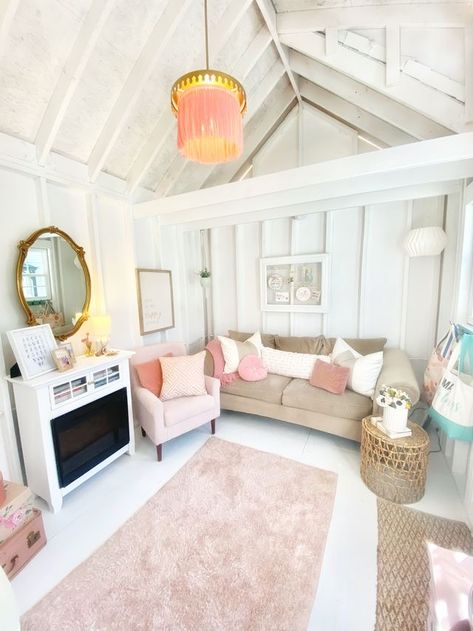 Treehouse She Shed, She Shed Bunk House, She’s Tiny House, She Shed Pink Interior, Shed Home Office Ideas, She Shed Office Ideas, She’s Into Tiny Home, Shed Room Ideas, Shed Office Ideas