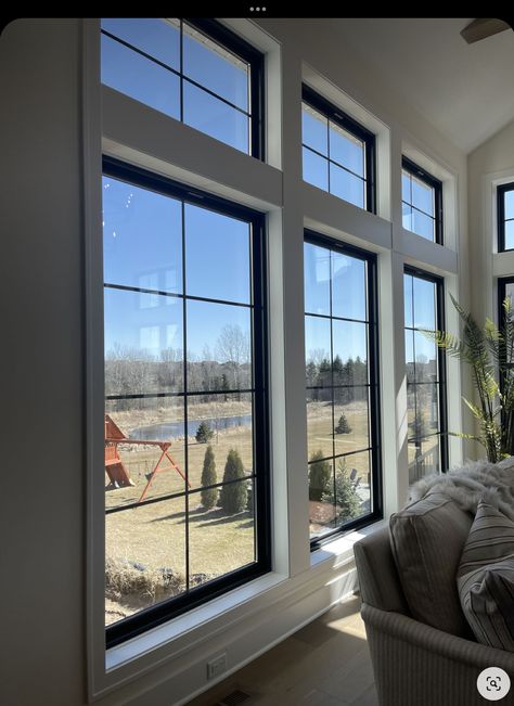 Homes With Big Windows Exterior, Large Fixed Glass Windows, Big Window Small Living Room, Large Square Window, Living Room Full Of Windows, Picture Windows Living Room Ideas, Picture Window With Grids, Pella Windows Photo Galleries, Farmhouse With Big Windows