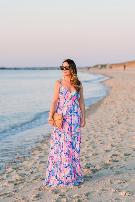 A Nantucket Getaway with White Elephant and Lilly Pulitzer Beach Dresses Summer Maxi, Maxi Dress On Beach, Beach Vacation Dress, Vacation Dress Outfits, Beachy Blue Dress For Beach Cover-up, Beachy Floral Print Dress For Beach Cover-up, Chic Blue Sundress For Beach Cover-up, Ladies Beach Wear, Printed White Dress For Beach Cover-up