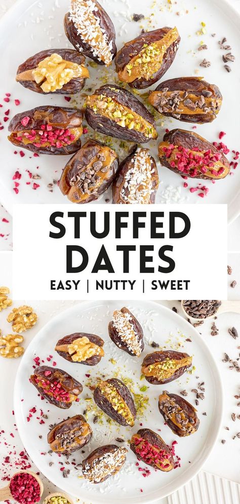 stuffed dates Keto Dates Recipes, Date Stuffed, Date And Peanut Butter Recipes, Peanut Butter Dates Recipes, Simple Date Recipes, Savory Date Recipes, Vegan Dates Recipes, Recipe Using Dates, Date Snacks Ideas