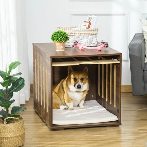 Archie & Oscar™ Monique Furniture Style Dog Crate End Table Decorative Puppy House With Soft Cushion, Side Holes, Removable Door Panel, Safety Lock, Indoor Use, For Small & Medium Dogs, Brown | Wayfair Diy Dog Cage, Dog Creates, Dog Kennel End Table, Dogs Brown, Dog Crate End Table, Dog Crate Table, Furniture Style Dog Crate, Wood Dog Crate, Crate End Tables