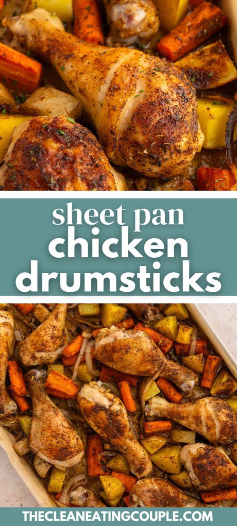 Delicious Sheet Pan Chicken Drumsticks that are packed with flavor! Baked on one sheet pan with veggies like potatoes and carrots, it's easy to clean up and loaded with protein. Healthy Dinner Recipes Half Baked Harvest, Recipe Using Chicken Drumsticks, Baking Pan Dinners, Whole 30 Chicken Drumstick Recipes, Easy Sheet Pan Dinners For Two, Chicken Drumsticks Meal Ideas, Baked Chicken Recipes With Veggies, 1 Pan Sheet Dinner, Bone In Chicken Drumsticks Recipes