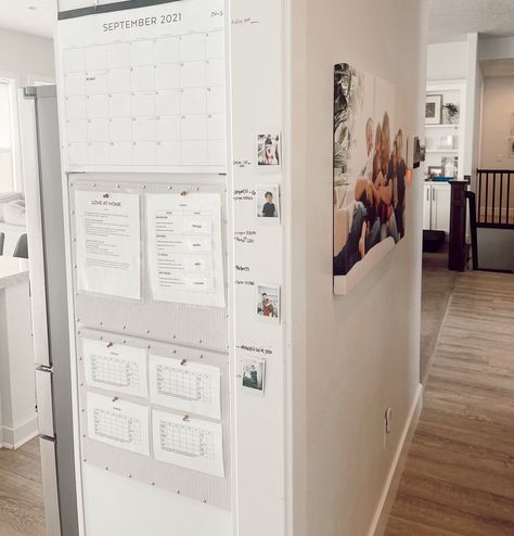 Acrylic Calendar Wall Decor, Homework Command Center, Simple Family Command Center, Acrylic Command Center Ideas, Kitchen Command Center Cabinet, Pantry Command Center, Small Family Command Center, Mom Command Center Wall, Command Station In Kitchen