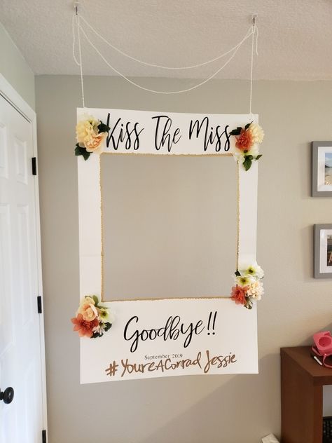 Bridal Shower Kiss The Miss Goodbye, Bridal Shower Photo Booth Frame, Shower Bride Ideas, Kitchen Tea Photo Booth Ideas, Brid Shower Decorations, The Bachelorette Party Decoration, Bridal Shower Party Ideas Decorations, Hen Party Photo Booth, Bridal Shower Ideas Restaurant