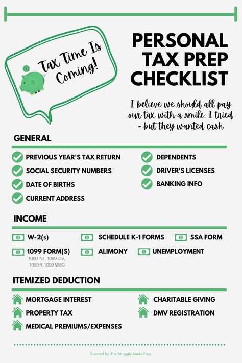 Tax Season Is Coming!

Review this checklist to make sure you have everything you need before your appointment with your CPA, tax preparer or file your own taxes.

#PersonalTaxes #TaxOrganization #Prepchecklist Tax Return Checklist, How To Become A Tax Preparer, Business Tax Checklist, Tax Preparer Business Marketing, Tax Season Quotes, Filing Taxes Tips, Tax Preparer Quotes, Tax Write Offs Personal, Tax Preparer Photoshoot