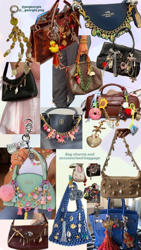 A collage showcasing various bags adorned with a variety of decorative charms and accessories. The bags range from luxury brands like Coach and Louis Vuitton to trendy handcrafted pieces, each customized with colorful charms, keychains, and embellishments. The image captures a diverse mix of styles, highlighting how bag charms can transform any accessory into a unique fashion statement. Diy Bag Charm, Purse Charms Diy, Stylish School Bags, Accessorize Bags, Embellished Bags, Girly Bags, Swag Bag, Diy Purse, Vintage Keys