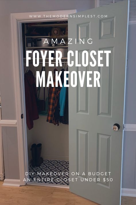 DIY foyer closet makeover under $50. Love the results and done in no time! Coat Closet Makeover Entryway, Foyer Closet Makeover, Front Closet Makeover, Small Entry Closet Ideas, Coat Closet Design, Hall Closet Makeover, Entry Closet Makeover, Entryway Closet Makeover, Entry Closet Organization